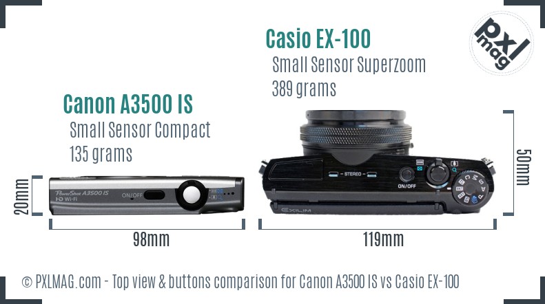 Canon A3500 IS vs Casio EX-100 top view buttons comparison