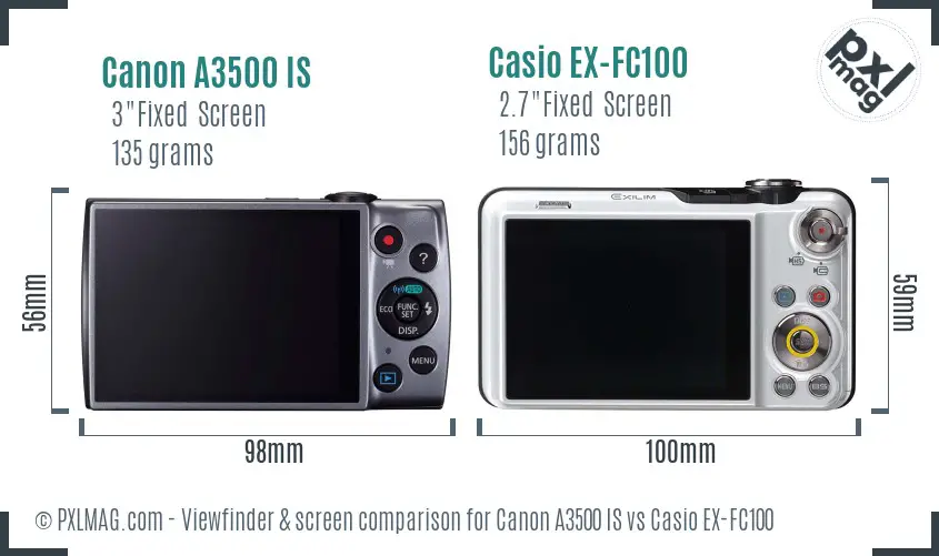 Canon A3500 IS vs Casio EX-FC100 Screen and Viewfinder comparison