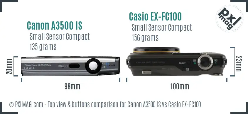Canon A3500 IS vs Casio EX-FC100 top view buttons comparison