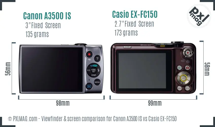 Canon A3500 IS vs Casio EX-FC150 Screen and Viewfinder comparison