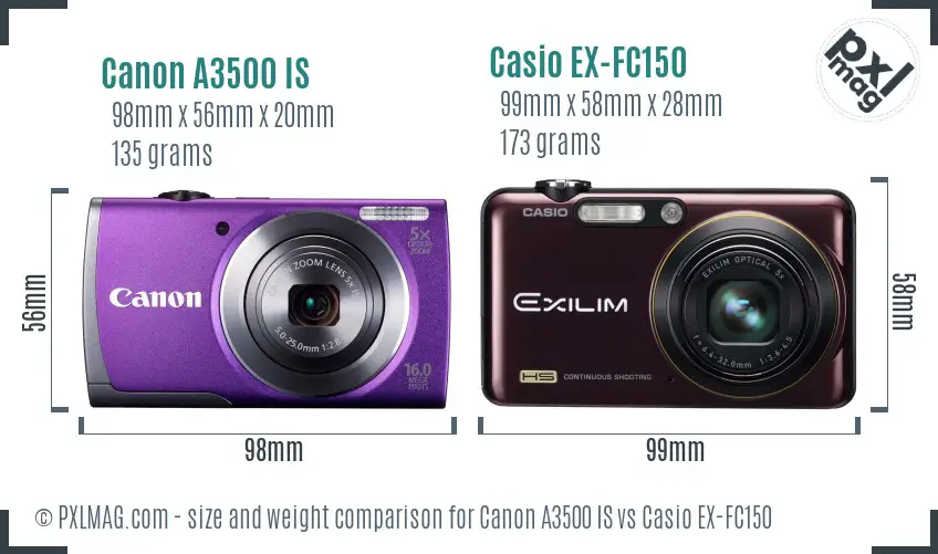 Canon A3500 IS vs Casio EX-FC150 size comparison