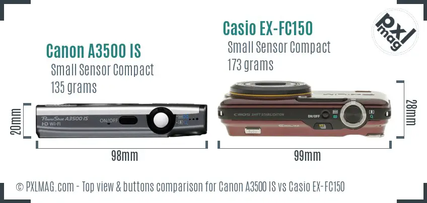 Canon A3500 IS vs Casio EX-FC150 top view buttons comparison