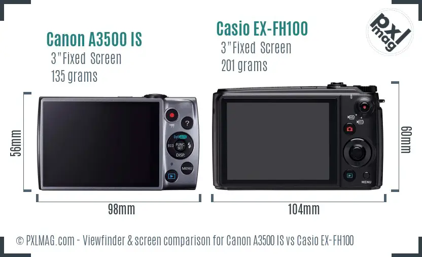 Canon A3500 IS vs Casio EX-FH100 Screen and Viewfinder comparison