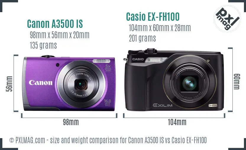 Canon A3500 IS vs Casio EX-FH100 size comparison