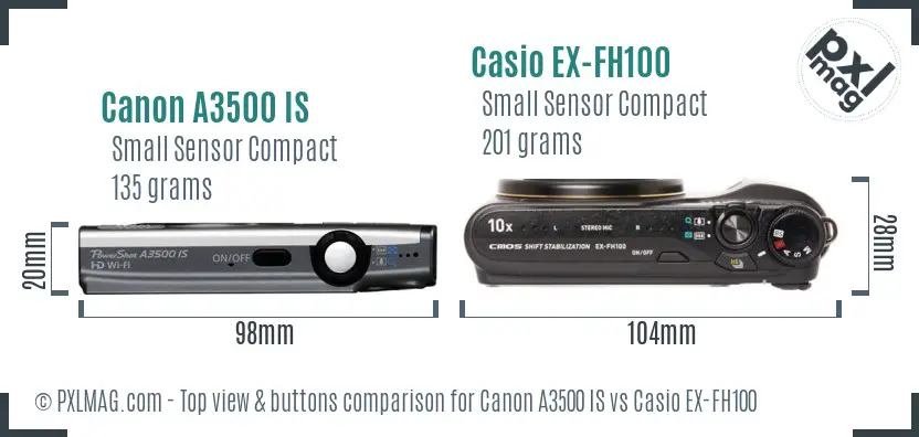 Canon A3500 IS vs Casio EX-FH100 top view buttons comparison