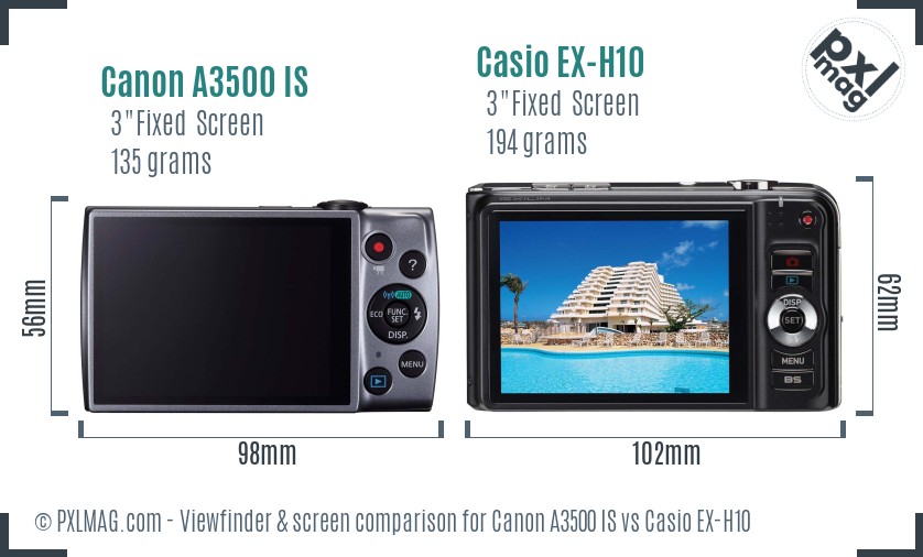 Canon A3500 IS vs Casio EX-H10 Screen and Viewfinder comparison