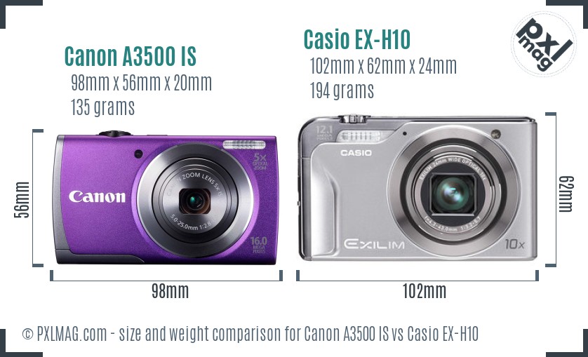 Canon A3500 IS vs Casio EX-H10 size comparison