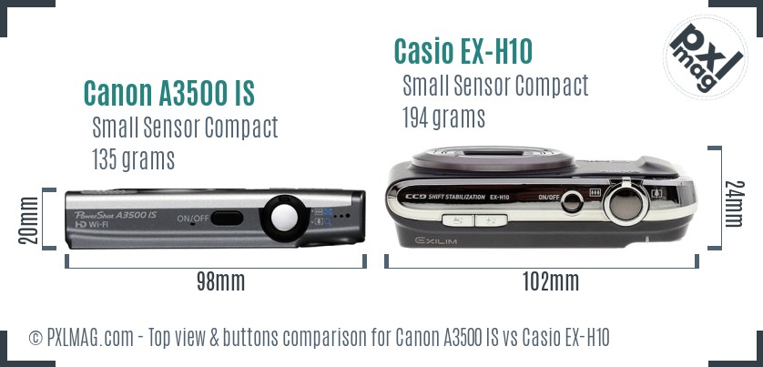 Canon A3500 IS vs Casio EX-H10 top view buttons comparison