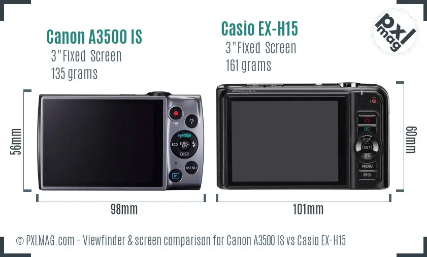 Canon A3500 IS vs Casio EX-H15 Screen and Viewfinder comparison