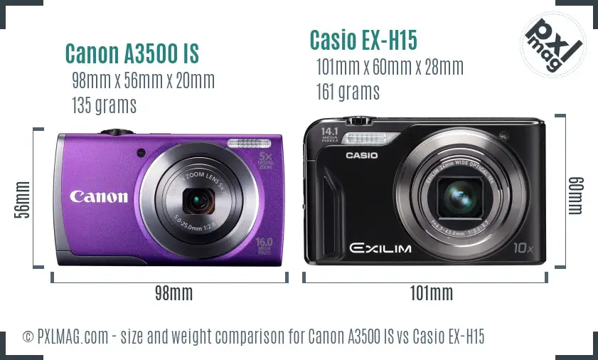 Canon A3500 IS vs Casio EX-H15 size comparison