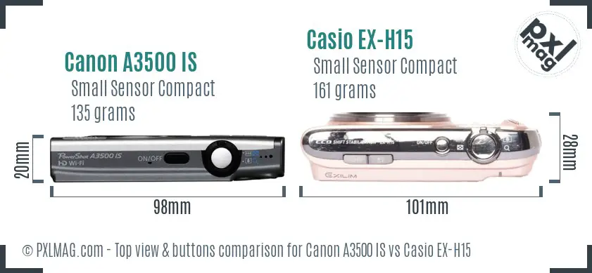 Canon A3500 IS vs Casio EX-H15 top view buttons comparison