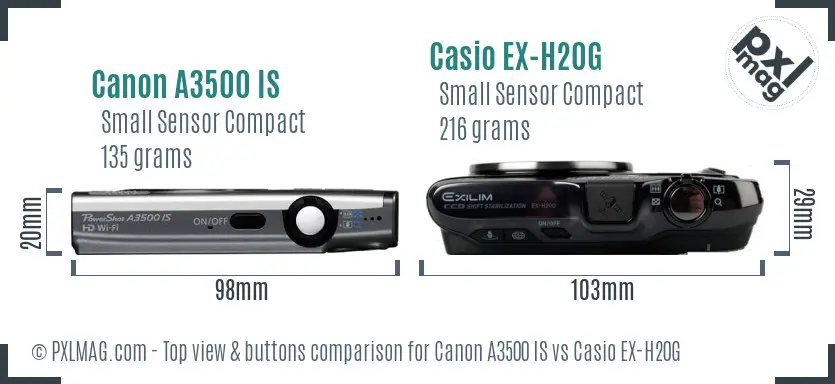Canon A3500 IS vs Casio EX-H20G top view buttons comparison