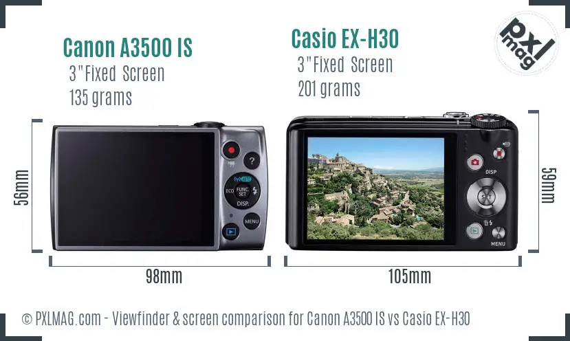 Canon A3500 IS vs Casio EX-H30 Screen and Viewfinder comparison