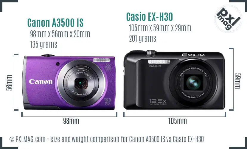 Canon A3500 IS vs Casio EX-H30 size comparison
