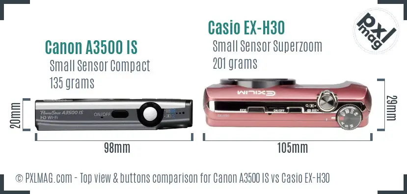 Canon A3500 IS vs Casio EX-H30 top view buttons comparison