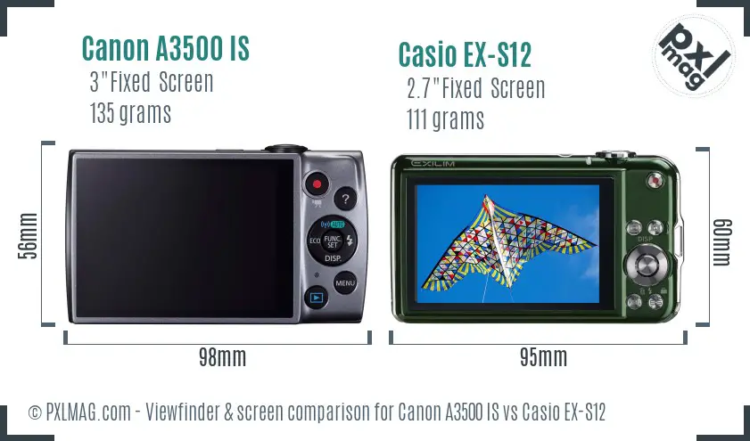 Canon A3500 IS vs Casio EX-S12 Screen and Viewfinder comparison