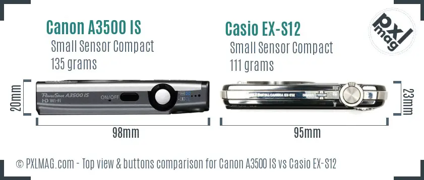 Canon A3500 IS vs Casio EX-S12 top view buttons comparison