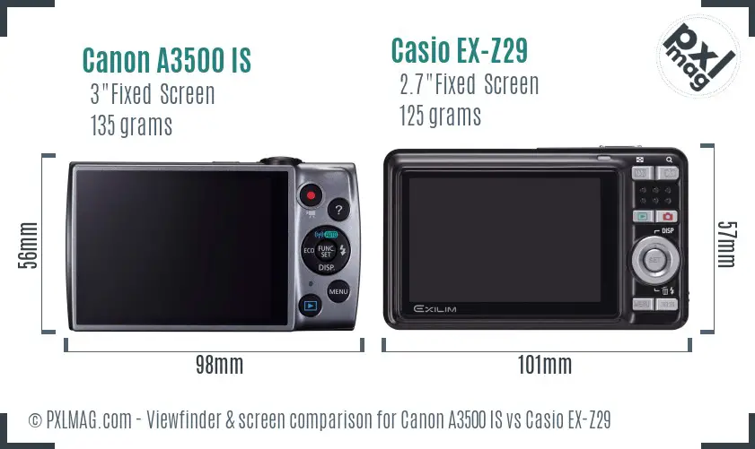 Canon A3500 IS vs Casio EX-Z29 Screen and Viewfinder comparison