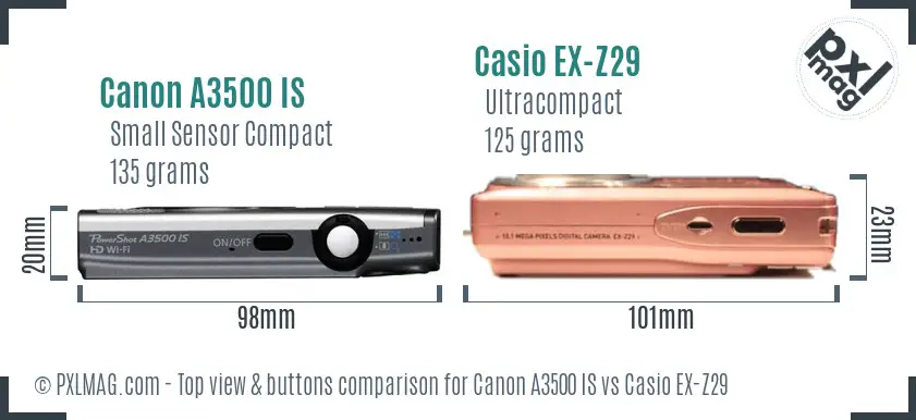 Canon A3500 IS vs Casio EX-Z29 top view buttons comparison