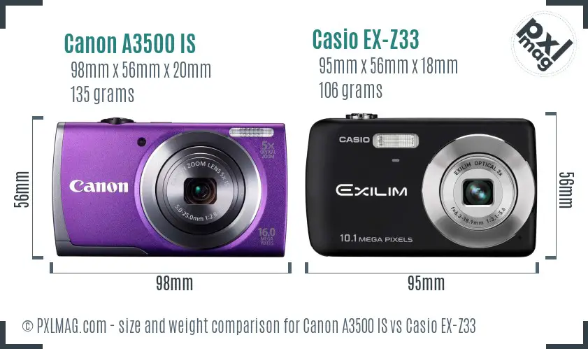 Canon A3500 IS vs Casio EX-Z33 size comparison
