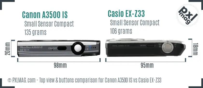Canon A3500 IS vs Casio EX-Z33 top view buttons comparison