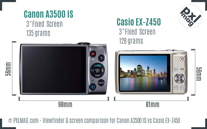 Canon A3500 IS vs Casio EX-Z450 Screen and Viewfinder comparison