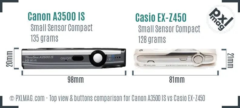 Canon A3500 IS vs Casio EX-Z450 top view buttons comparison