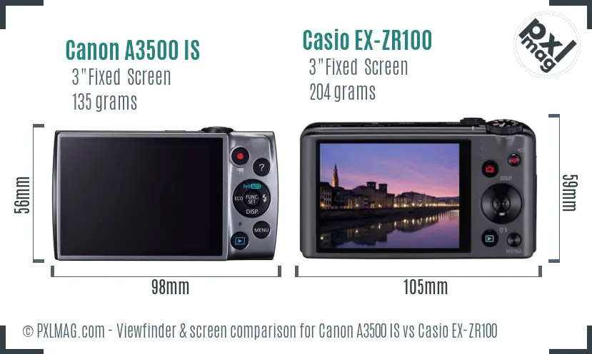 Canon A3500 IS vs Casio EX-ZR100 Screen and Viewfinder comparison