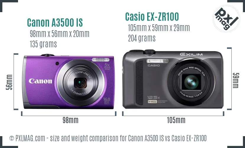 Canon A3500 IS vs Casio EX-ZR100 size comparison