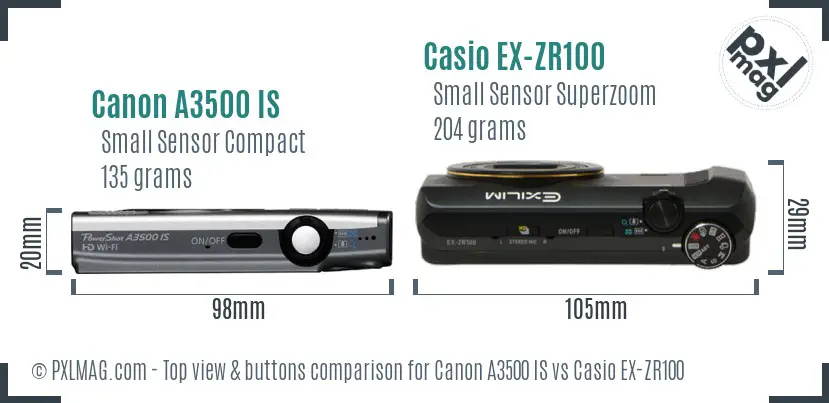 Canon A3500 IS vs Casio EX-ZR100 top view buttons comparison