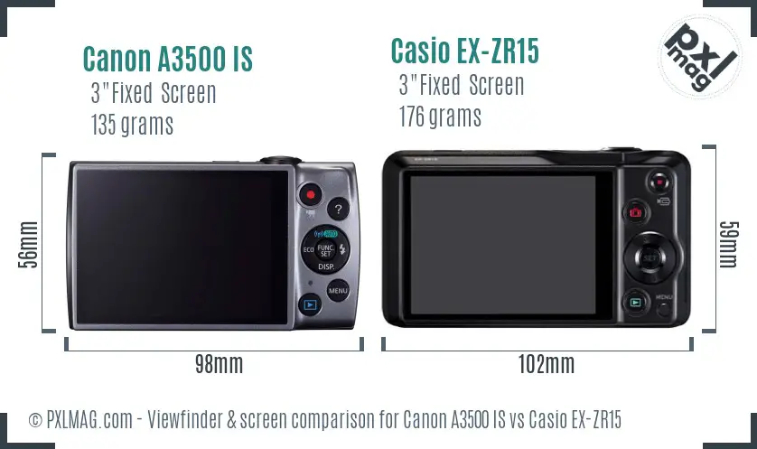 Canon A3500 IS vs Casio EX-ZR15 Screen and Viewfinder comparison