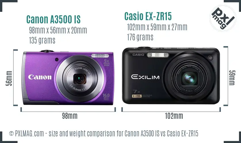 Canon A3500 IS vs Casio EX-ZR15 size comparison