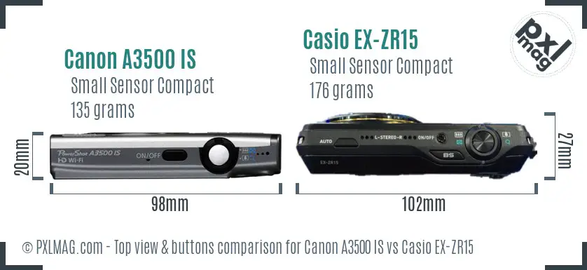 Canon A3500 IS vs Casio EX-ZR15 top view buttons comparison