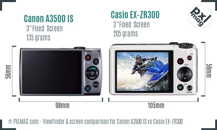 Canon A3500 IS vs Casio EX-ZR300 Screen and Viewfinder comparison