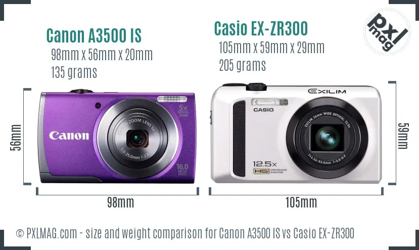 Canon A3500 IS vs Casio EX-ZR300 size comparison