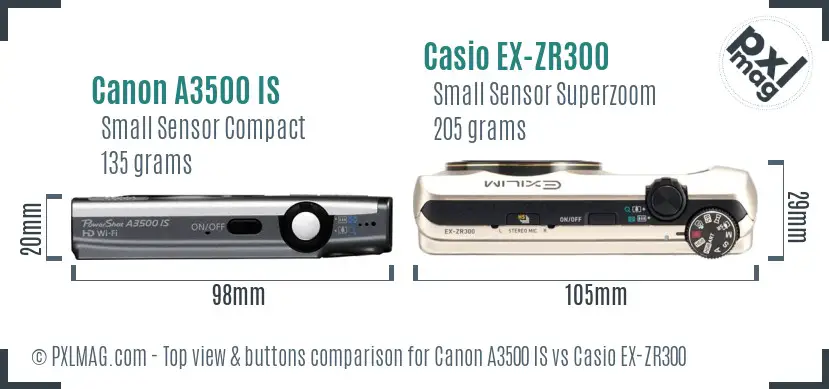 Canon A3500 IS vs Casio EX-ZR300 top view buttons comparison