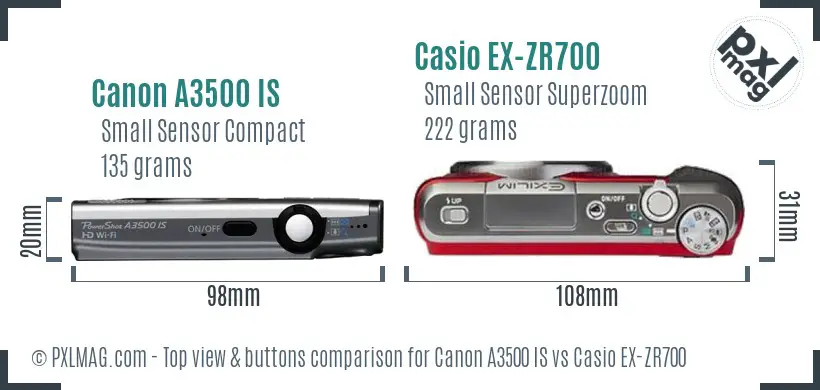 Canon A3500 IS vs Casio EX-ZR700 top view buttons comparison