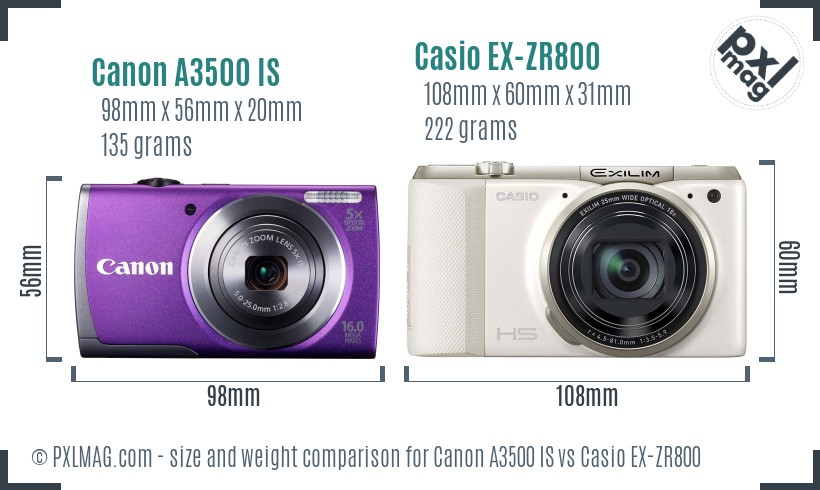 Canon A3500 IS vs Casio EX-ZR800 size comparison
