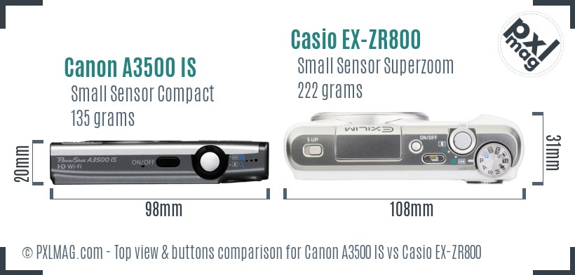 Canon A3500 IS vs Casio EX-ZR800 top view buttons comparison