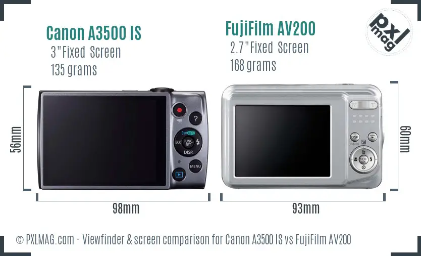 Canon A3500 IS vs FujiFilm AV200 Screen and Viewfinder comparison