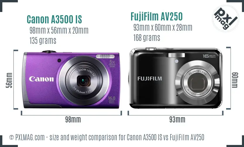 Canon A3500 IS vs FujiFilm AV250 size comparison