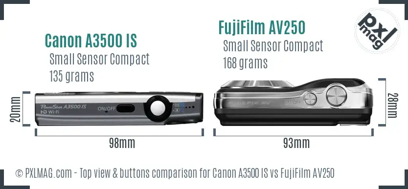 Canon A3500 IS vs FujiFilm AV250 top view buttons comparison