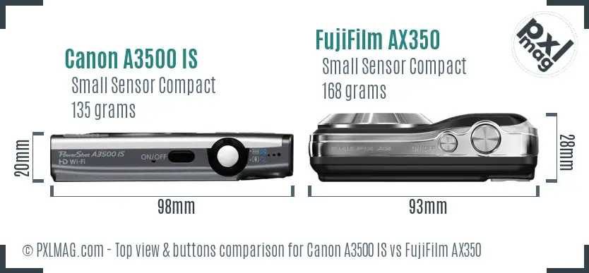 Canon A3500 IS vs FujiFilm AX350 top view buttons comparison