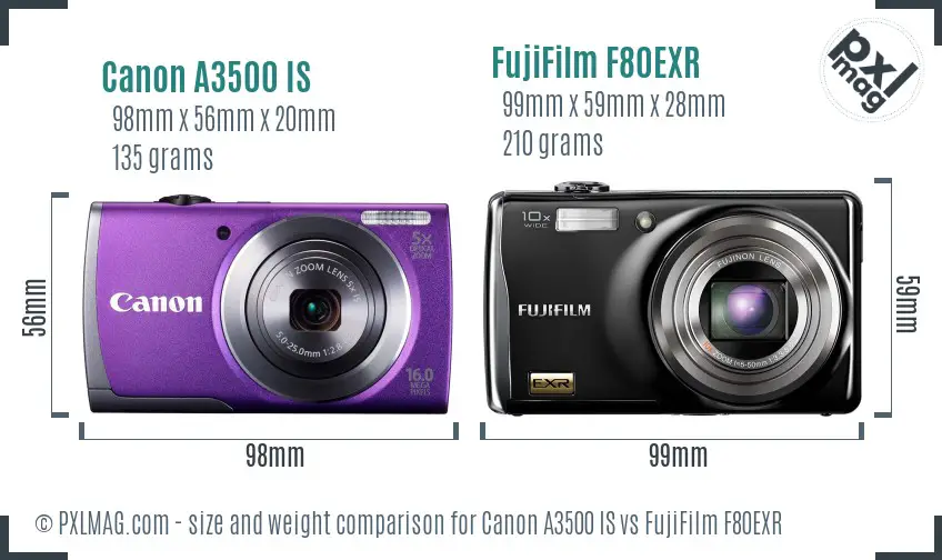 Canon A3500 IS vs FujiFilm F80EXR size comparison