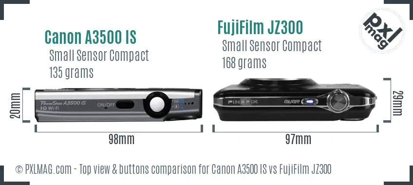 Canon A3500 IS vs FujiFilm JZ300 top view buttons comparison