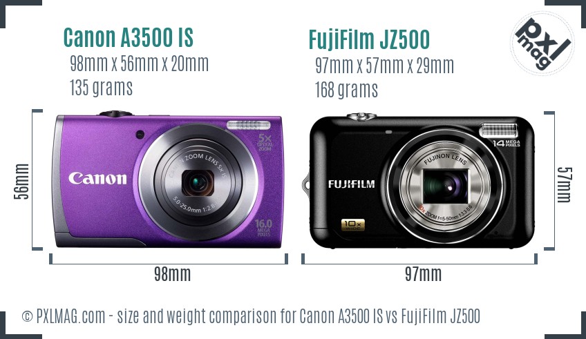 Canon A3500 IS vs FujiFilm JZ500 size comparison