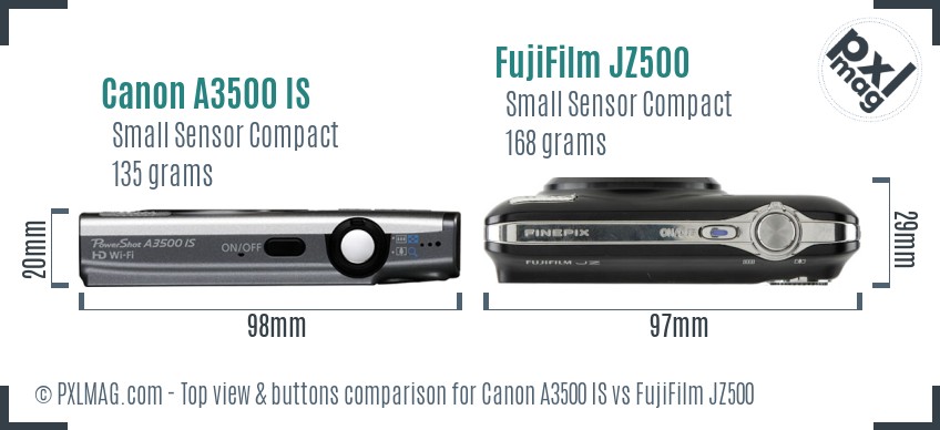 Canon A3500 IS vs FujiFilm JZ500 top view buttons comparison