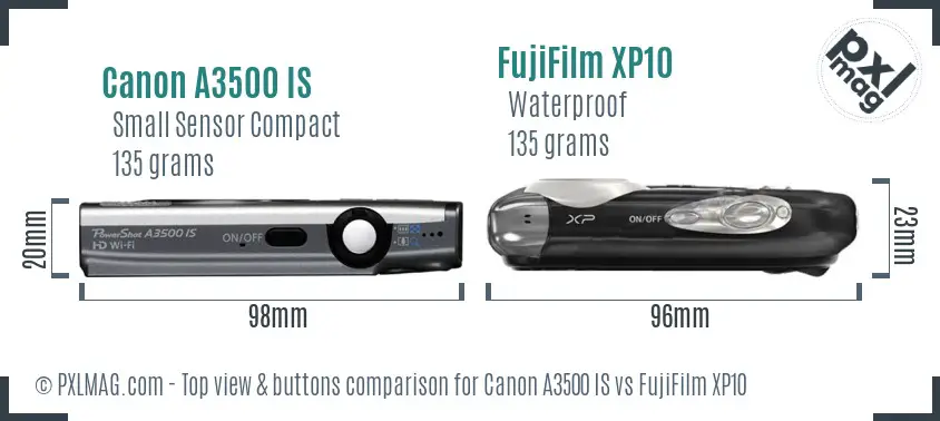 Canon A3500 IS vs FujiFilm XP10 top view buttons comparison