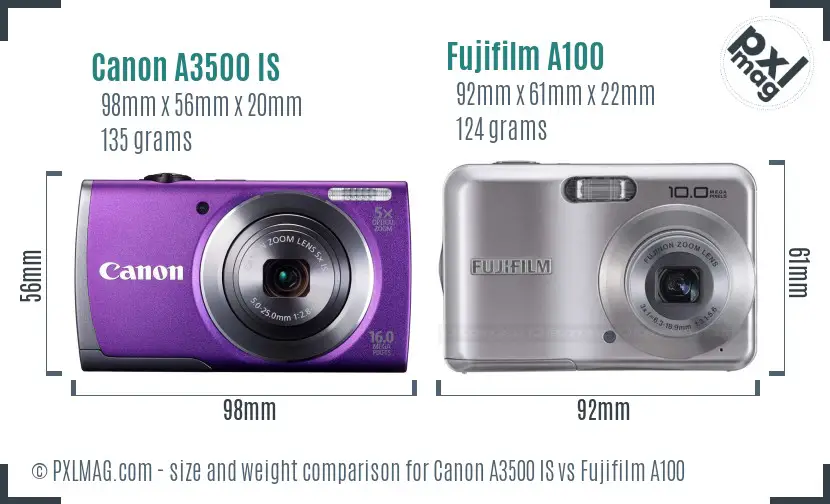 Canon A3500 IS vs Fujifilm A100 size comparison