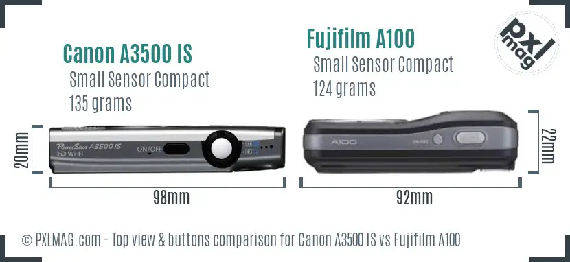 Canon A3500 IS vs Fujifilm A100 top view buttons comparison